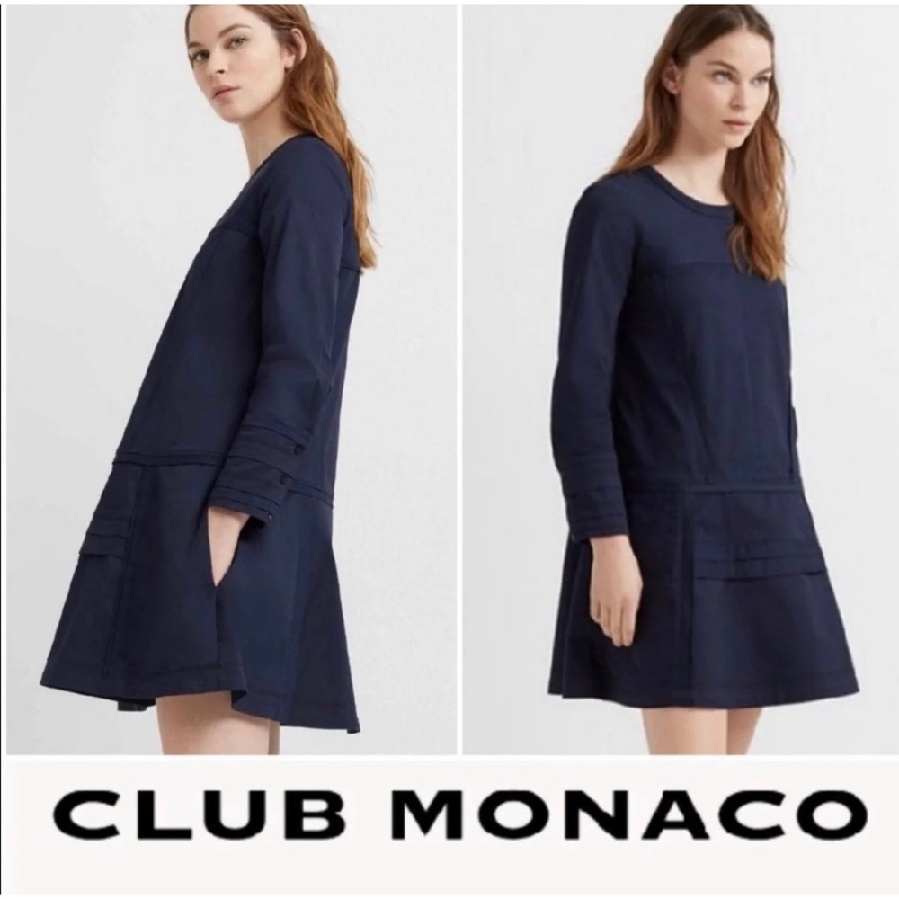 Club Monaco Navy Blue‎ Mini Swing Dress Long Sleeve Pleated Pocket 00 NEW